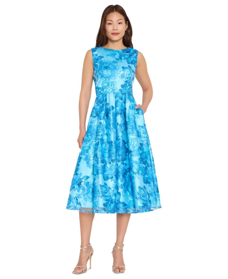 Women's Embroidered Boat Neck Midi Dress