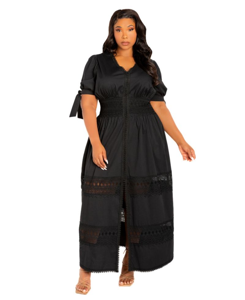 Plus Size Puff Sleeve Tiered Eyelet Maxi Dress