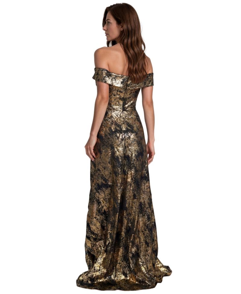 Women's Off-the-Shoulder Metallic Jacquard Draped Gown