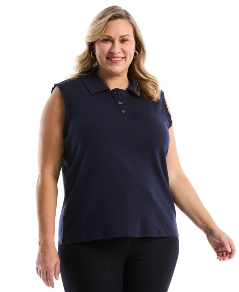 Plus Size Ruffle Trim Sleeveless Polo Shirt