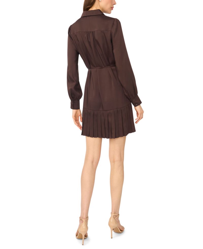 Women's Long-Sleeve Button-Down Pleated Mini Dress