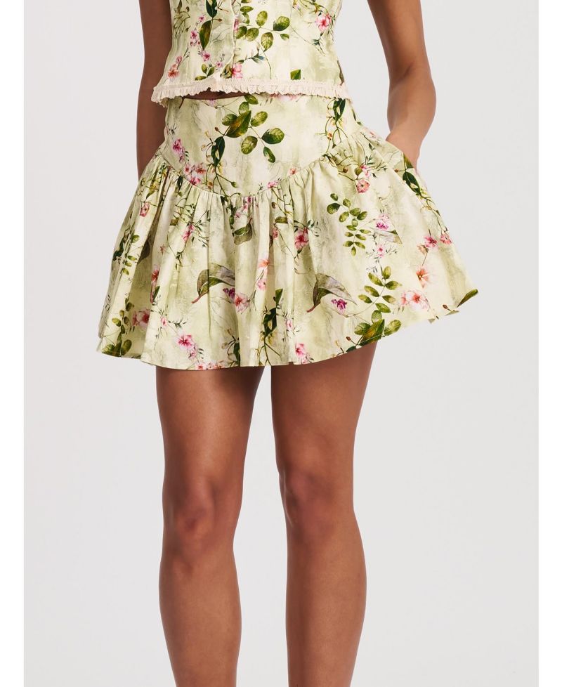 Women Zanelle Green Floral Print Drop Waist Linen Full Skirt
