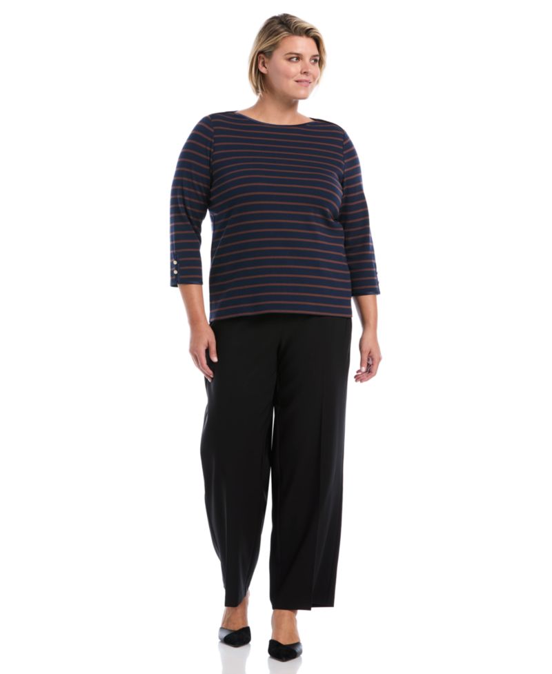 Plus Size Striped Boat Neck 3/4-Sleeve T-Shirt