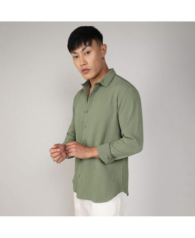 Men's Pistachio Green Textured Micro Buffalo Check Shirt