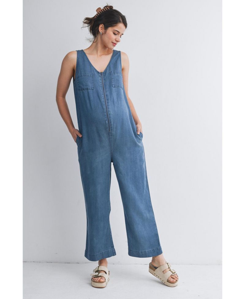 Maternity Front Zip Sleeveless Jumpsuit Nursing Friendly