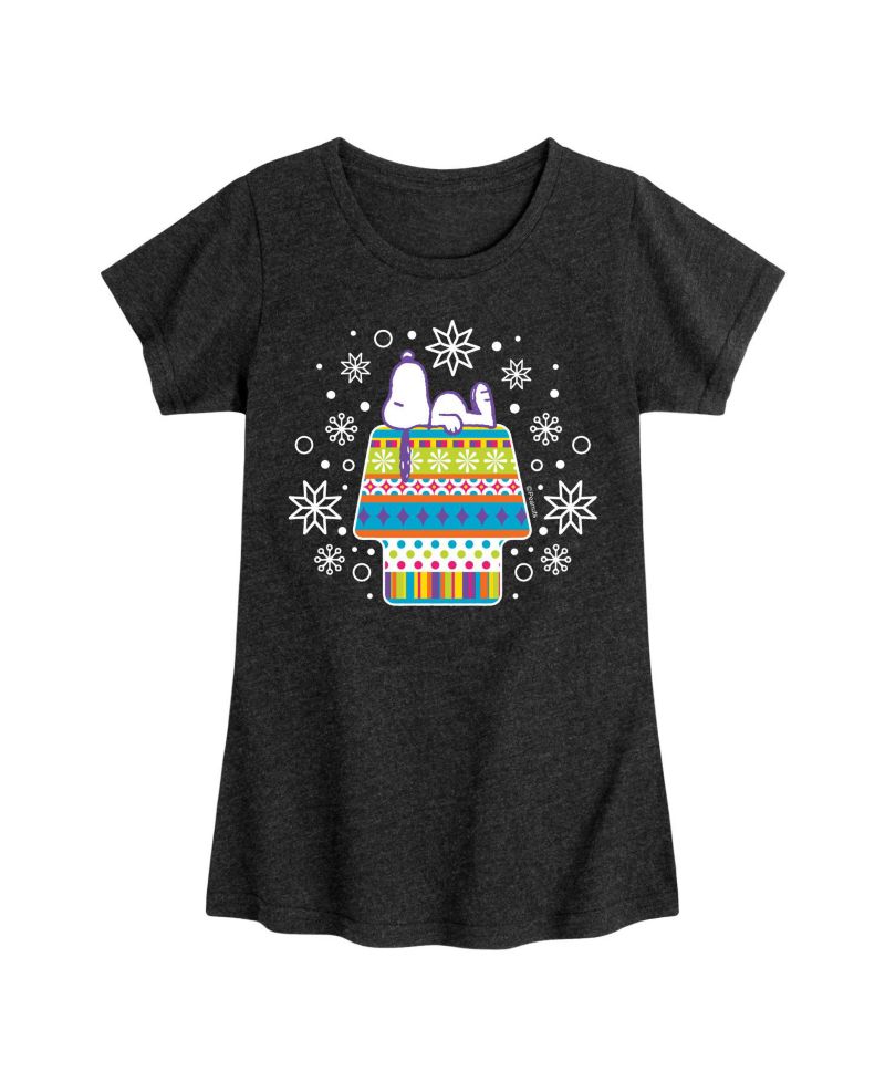 Big Girls Snoopy Patterned House and Snowflakes Graphic Short Sleeve Tee