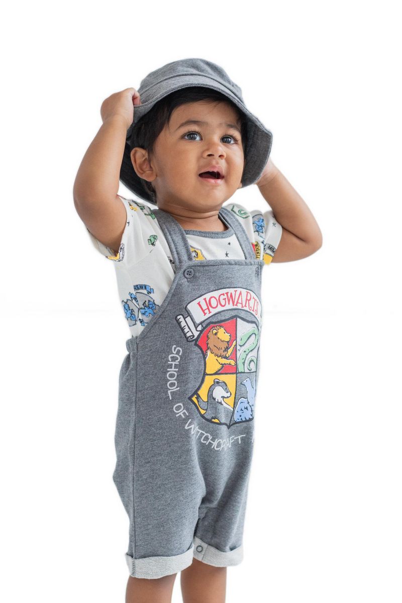 Baby Boys' (Newborn-24M) Hermione, Hedwig & Ron Weasley French Terry Short Overalls, T-Shirt & Hat 3-Piece Outfit Set