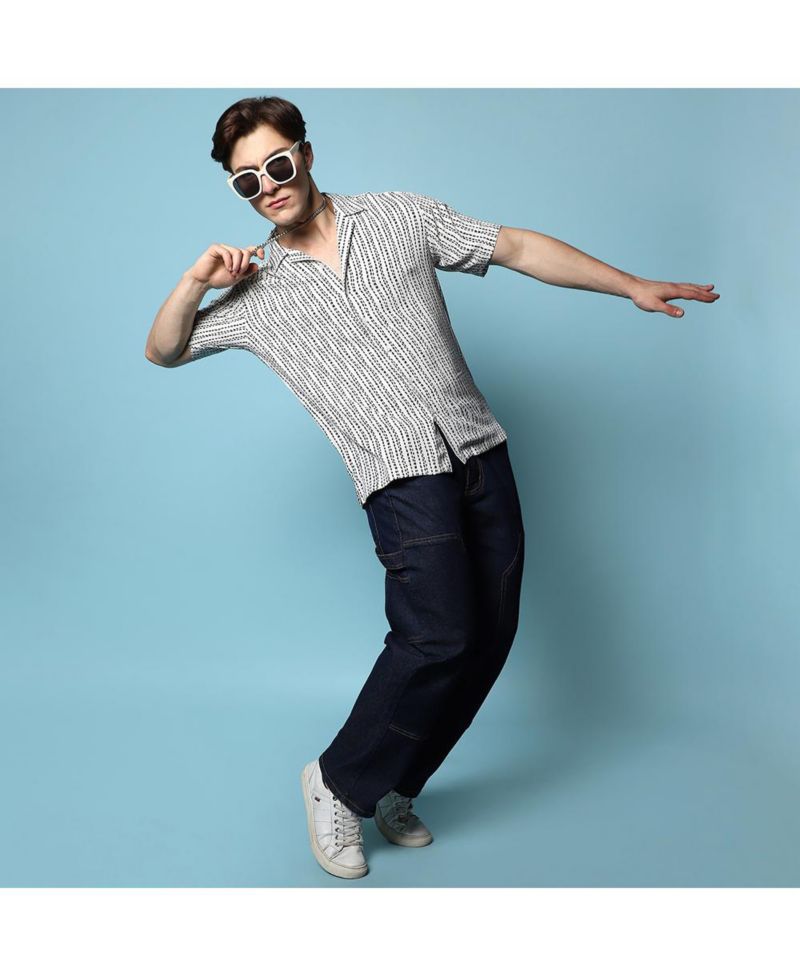 Men's Ivory White Dot Lined Shirt