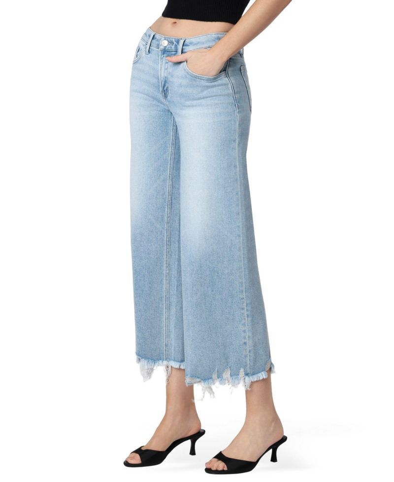 Women's Mid Rise Raw Distressed Hem Crop Wide Leg Jeans