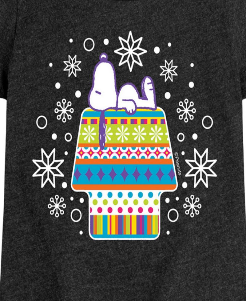 Big Girls Snoopy Patterned House and Snowflakes Graphic Short Sleeve Tee
