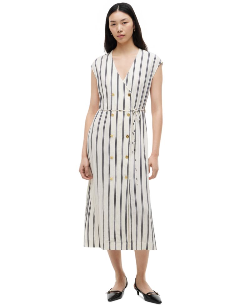 Women's Nautical Stripe Button-Front V-Neck Linen-Blend Midi Dress