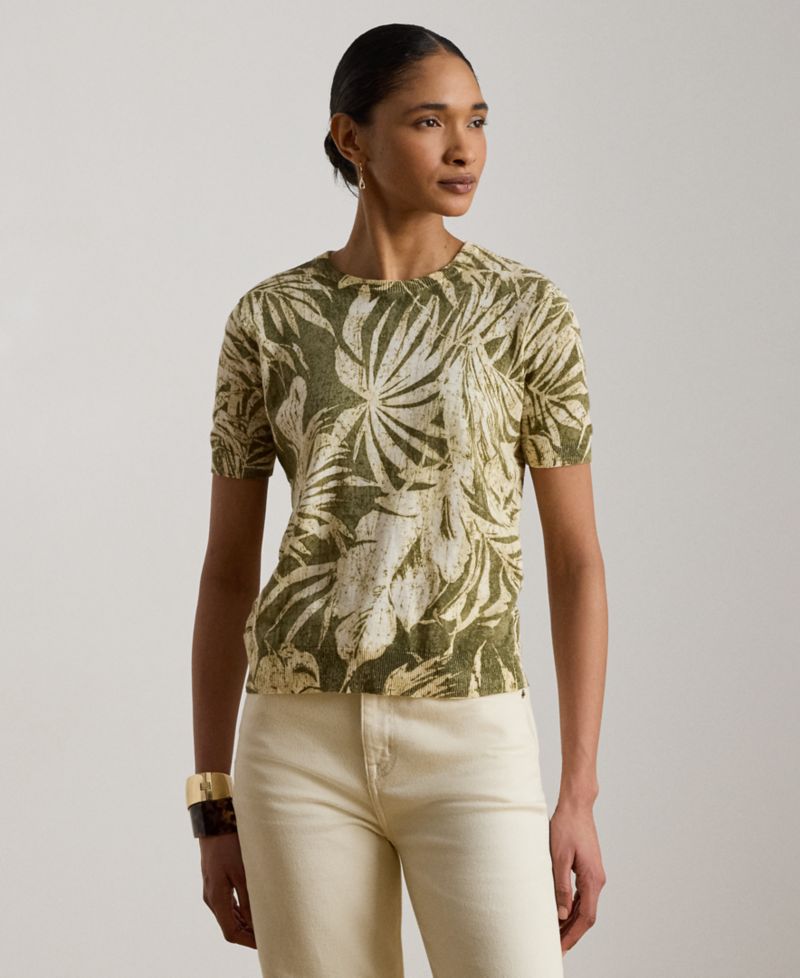 Petite Palm Frond Print Short-Sleeve Sweater
