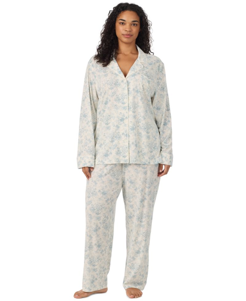 Women's Long-Sleeve Notch-Collar Floral Pajama Top and Pajama Pants, 2-Piece Set