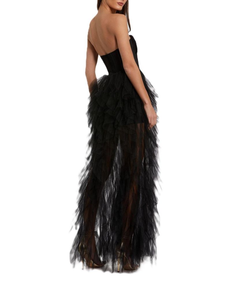 Women's Strapless Bustier Net Gown With Spiral Ruffles