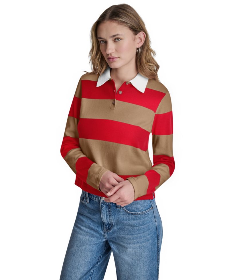 Women's Long-Sleeve Logo Charm Multi-Stripe Cotton Polo Sweater