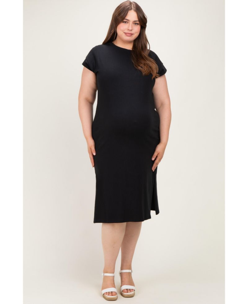 Plus Size Black Round Neck Short Sleeve Midi Dress