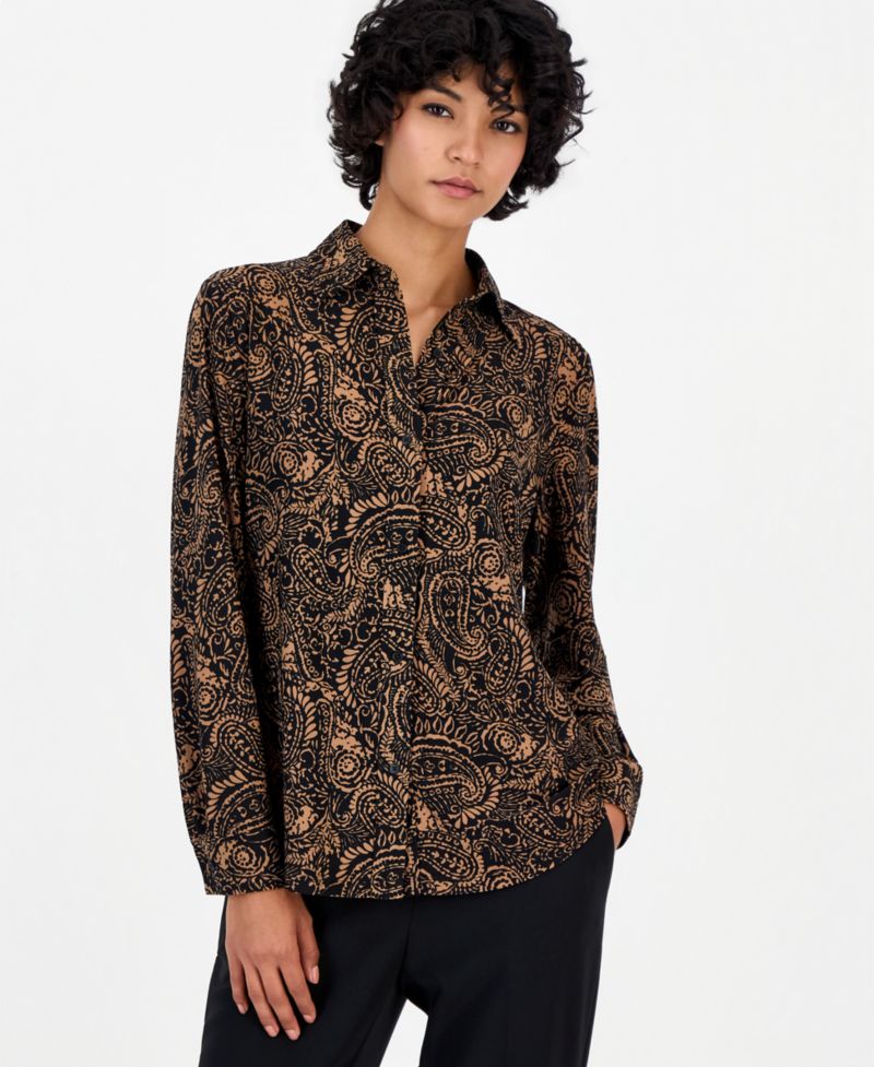 Women's Petite Long-Sleeve Paisley Point-Collar Button Down Shirt