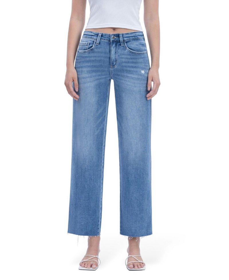 Women's High Rise Raw Hem Slim Wide Leg Jeans