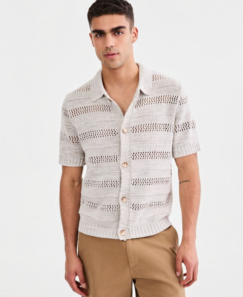 Men's Striped Open-Stitch Button Sweater