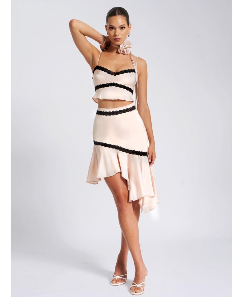 Women's Yareli Beige Lace Trim Satin Strappy Top