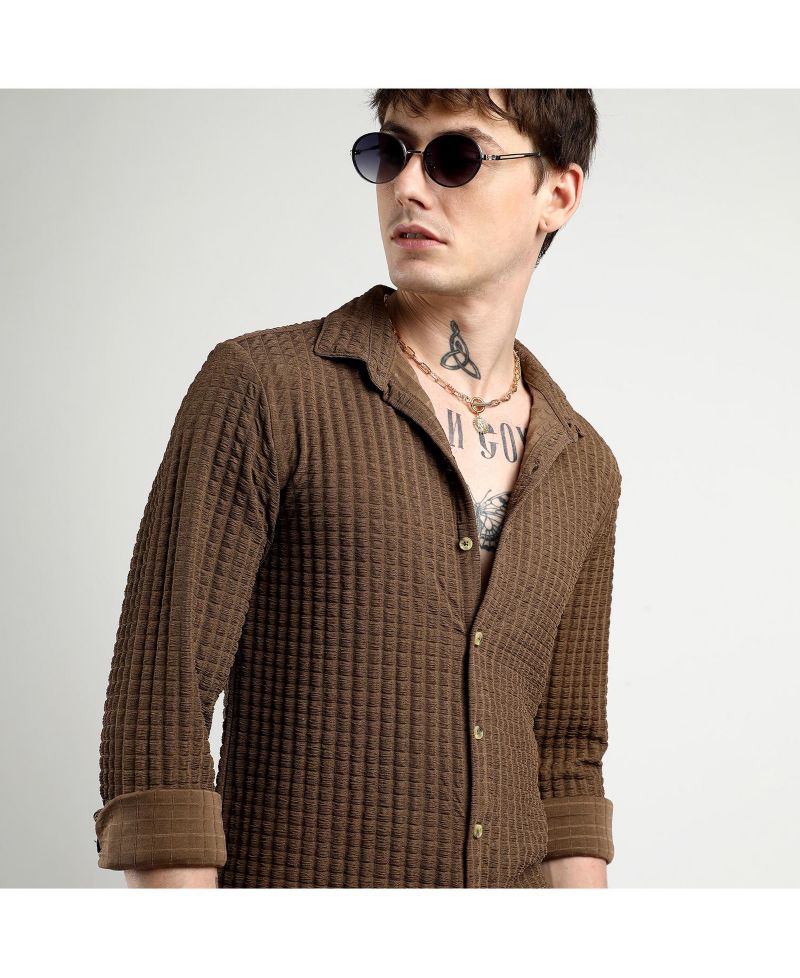 Men's Chocolate Brown Cube-Textured Shirt