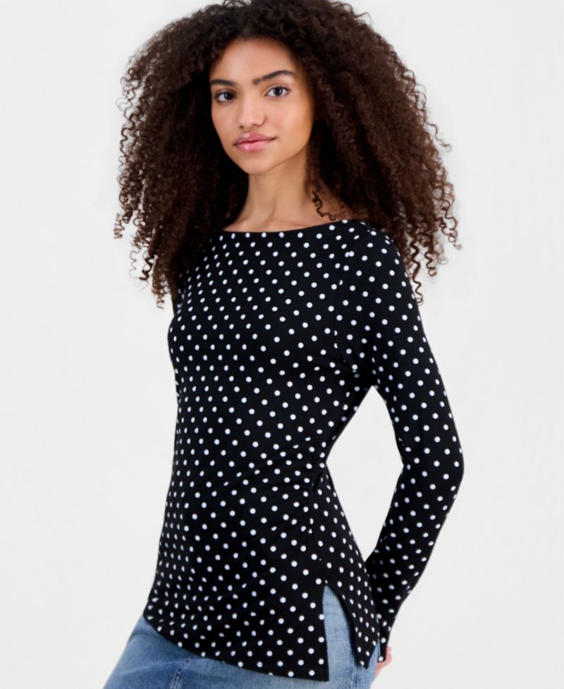 Juniors' Printed Boat Neck Long Sleeve Top