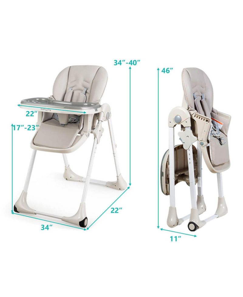 Baby High Chair w/ 7 Height and 3 Footrest Adjustable Cup holder 2 Wheels
