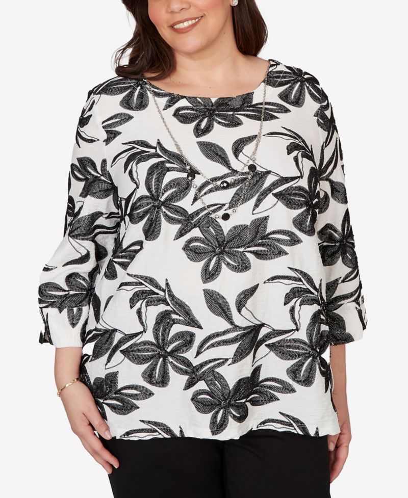 Plus Size Crowd Pleaser Embroidered Flower Top with Necklace