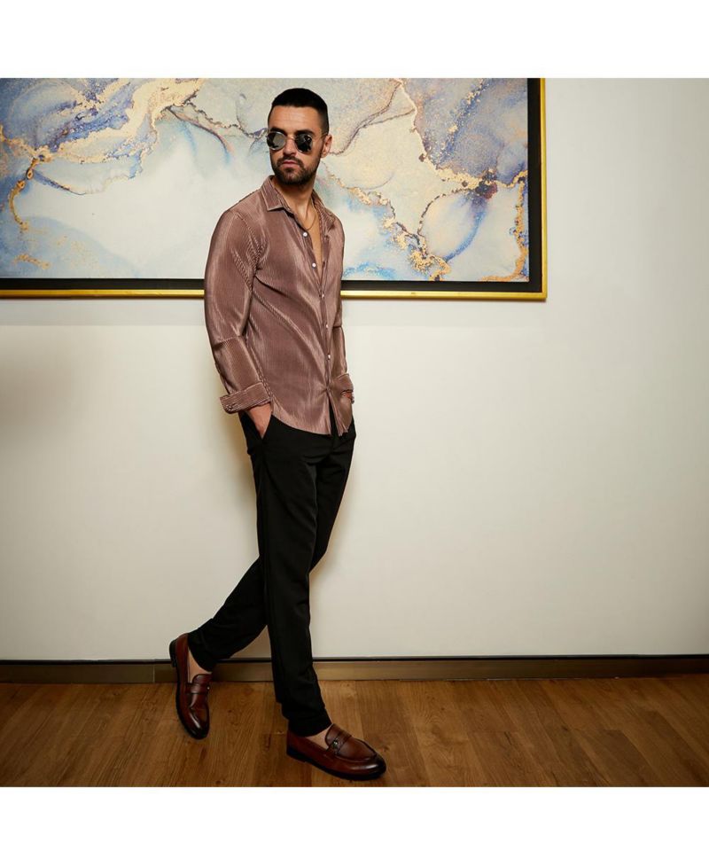 Men's Mocha Brown Pleat-Creased Shirt