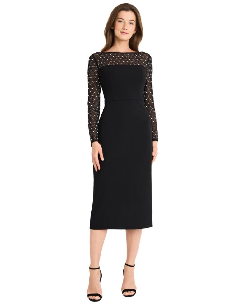 Women's Illusion Neckline Boat-Neck Long-Sleeve Sheath Dress