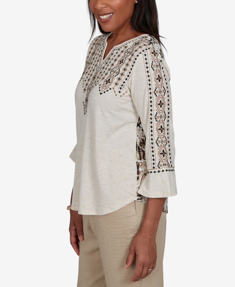 Petite Travel Advisory Geometric-Embroidered 3/4-Sleeve Henley Top