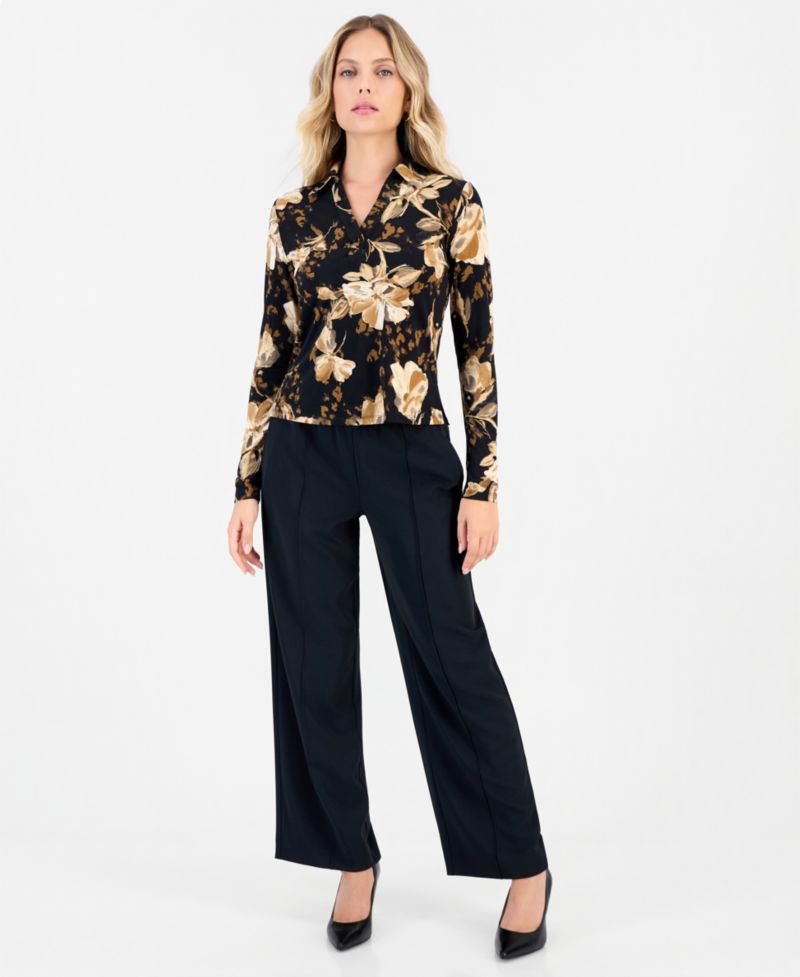 Petite Long-Sleeve Floral-Print Point Collar Top