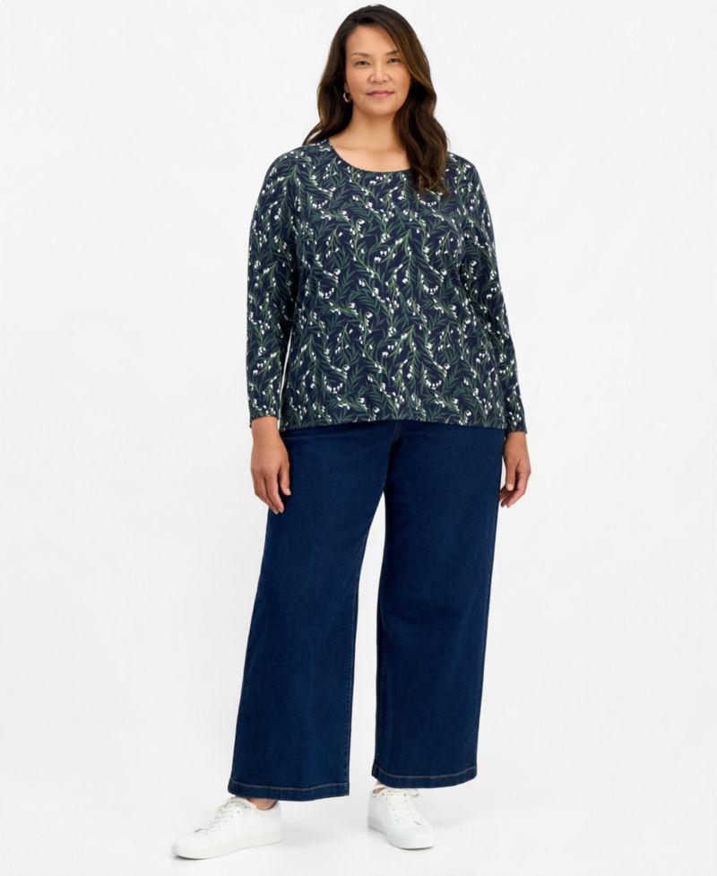 Petite Printed Long-Sleeve Scoop-Neck Top