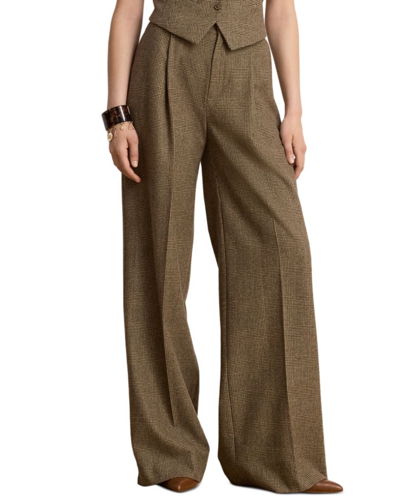 Petite High-Rise Wide-Leg Plaid Wool Pants, 29" Inseam