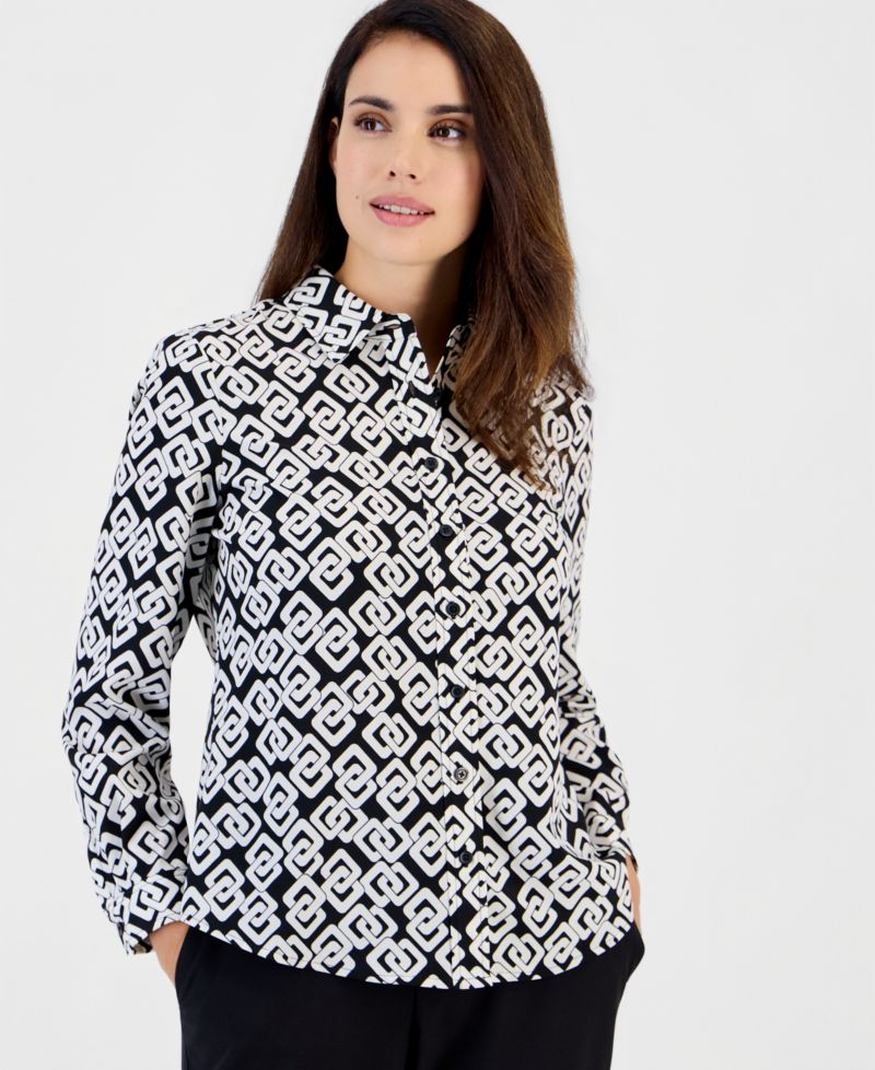 Petite Long-Sleeve Houndstooth Button-Front Blouse
