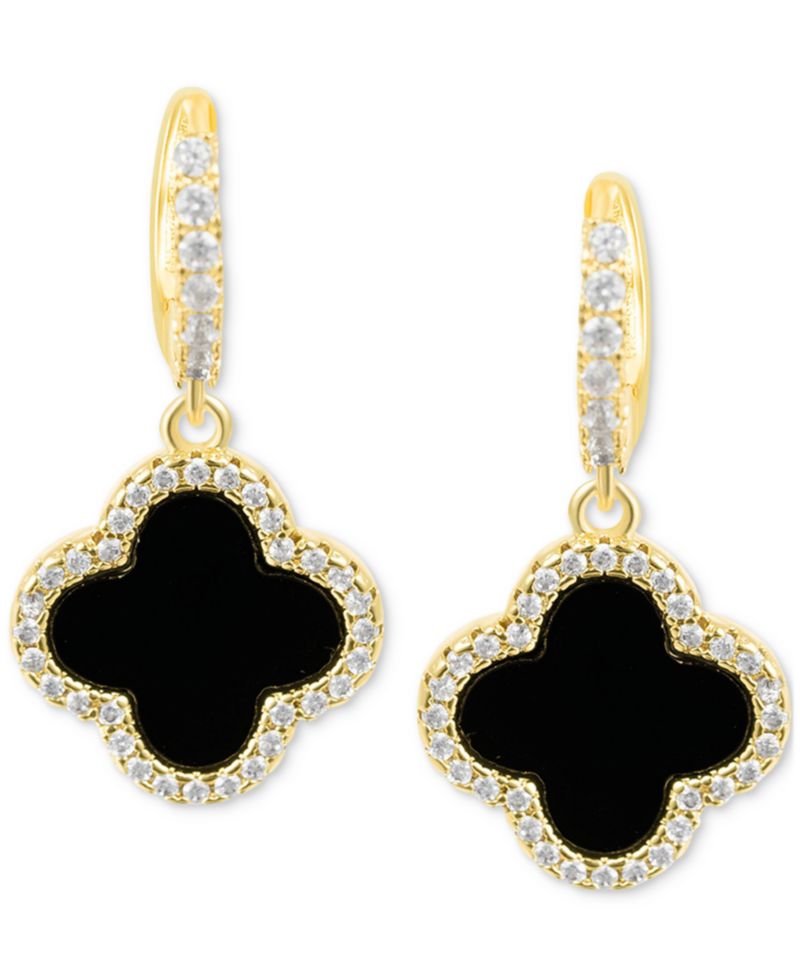 Gold Crystal Halo Colored Clover Dangle Huggie Earrings