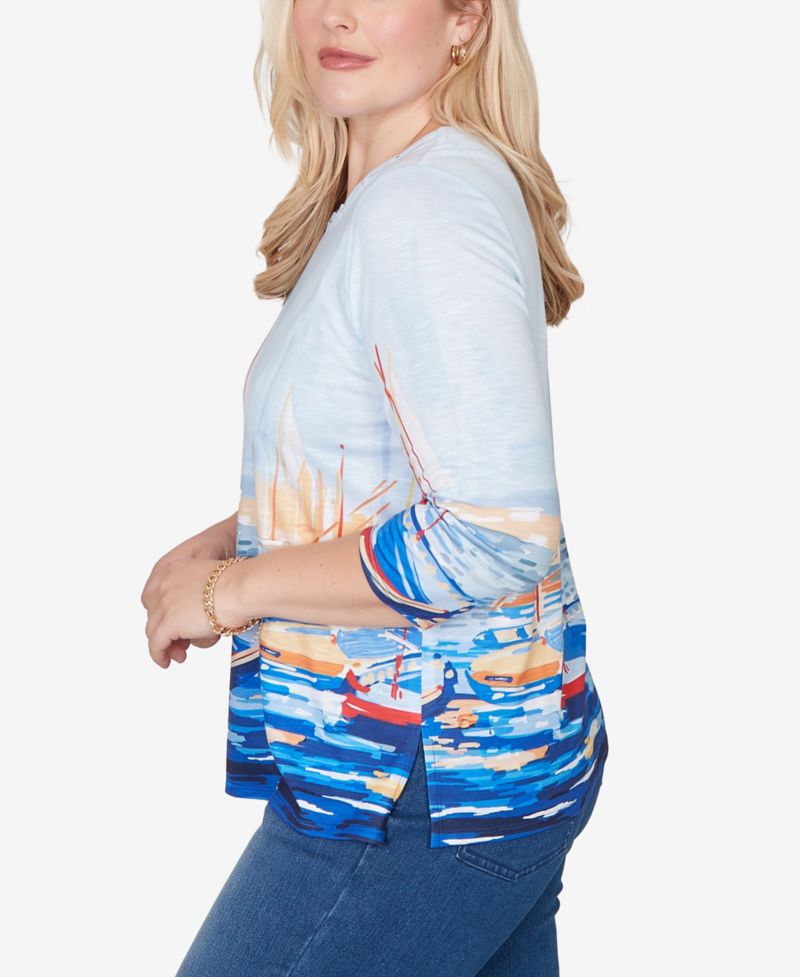 Petite Port Side Harbor Scene Printed Top
