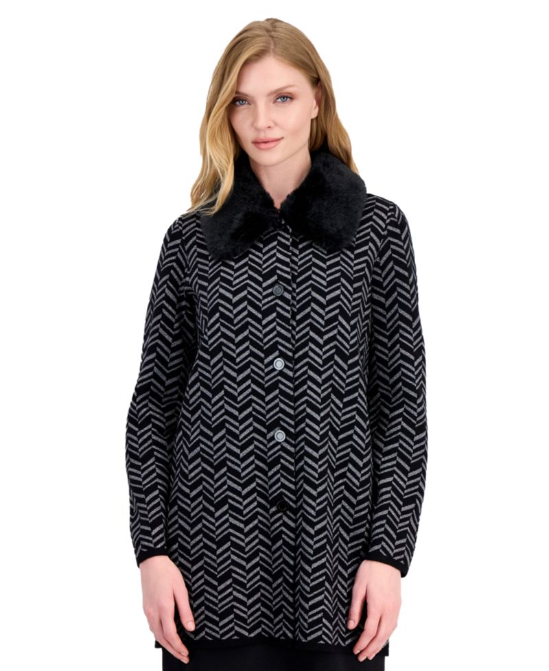 Petite Faux-Fur Collar Patch-Pocket Long-Sleeve Cardigan