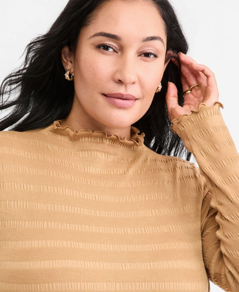 Plus Size Long-Sleeve Funnel Neck Puckered-Rib Top