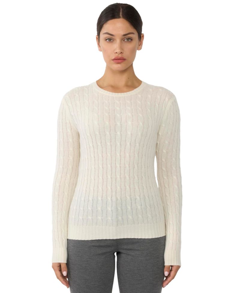 Women's 100% Cashmere Cable-knit Long Sleeve Pullover Crew Neck Sweater