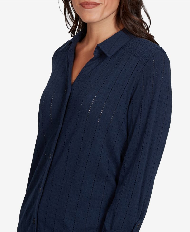 Petite Striped 3/4-Sleeve Henley Collar Blouse