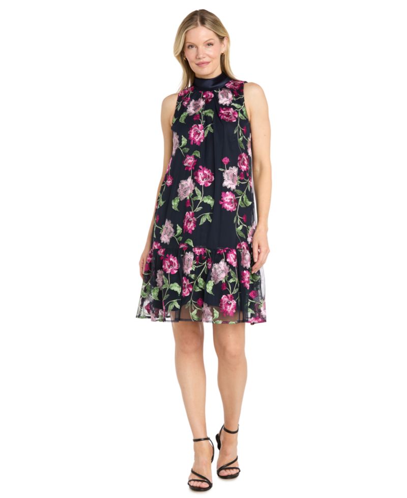 Women's Embroidered Mesh Trapeze Halter Neck Dress