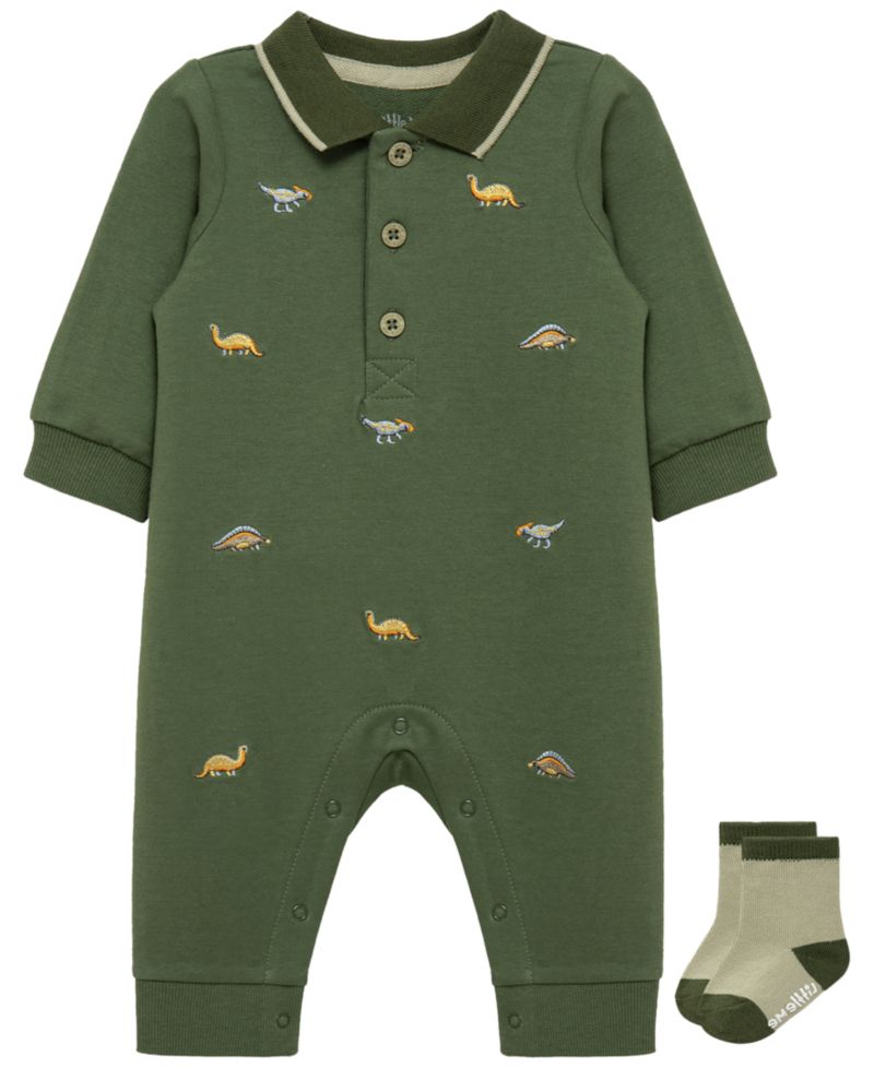 Baby Girls' Dinos Long-Sleeve Coverall and Socks, 2-Piece Set