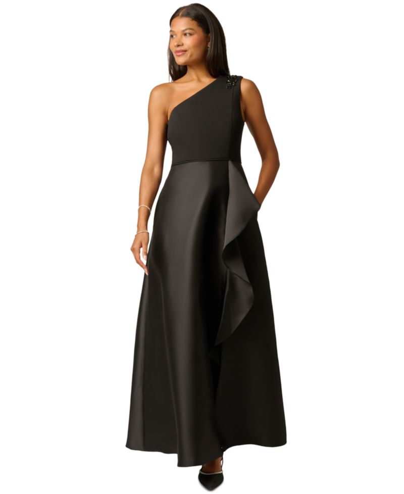 Women's One-Shoulder Combo Mikado Ruffle Gown