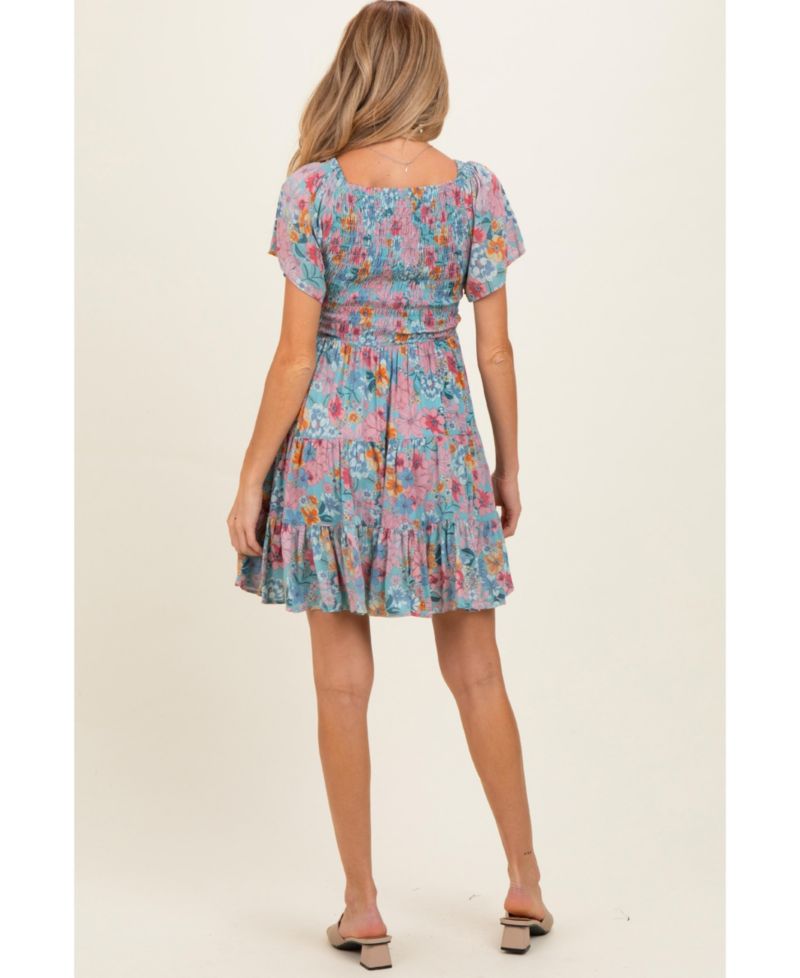 Women's Teal V Neck Smocked Bust Short Sleeve Short Dress