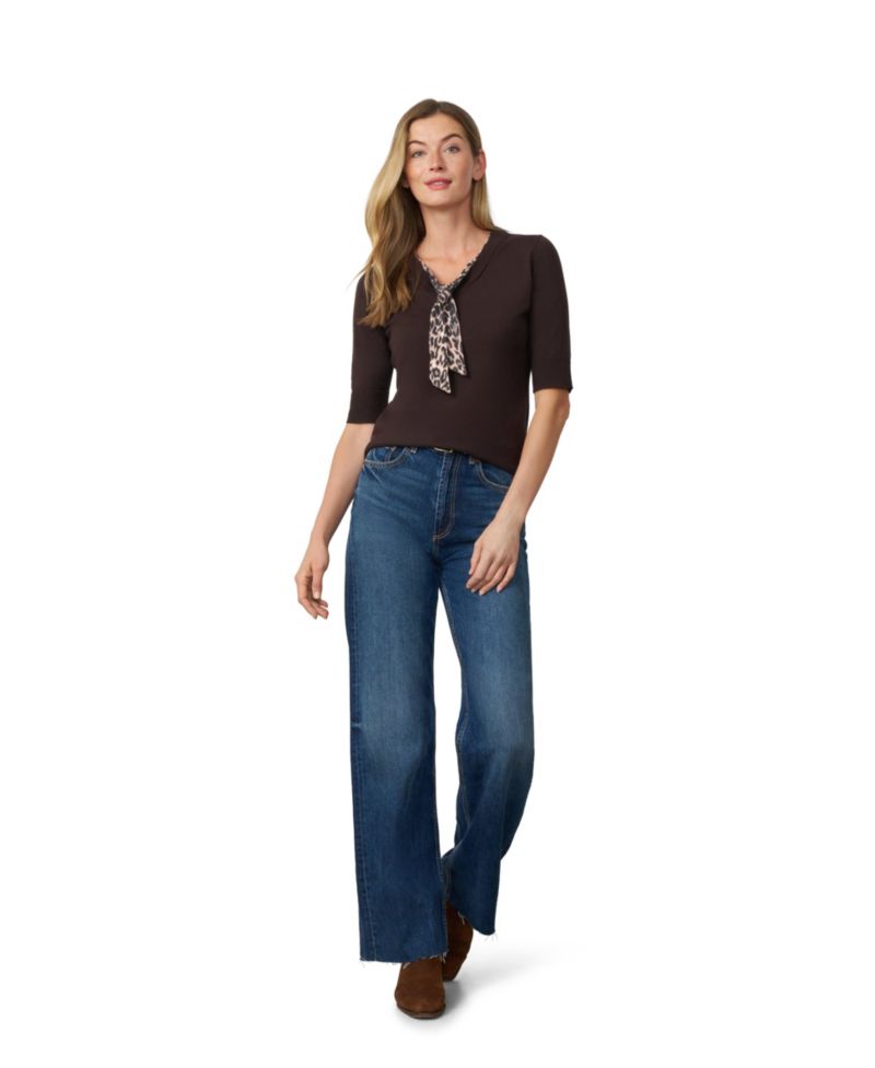 Women's Printed Chiffon Tie-Neck Elbow-Length Sleeve Sweater