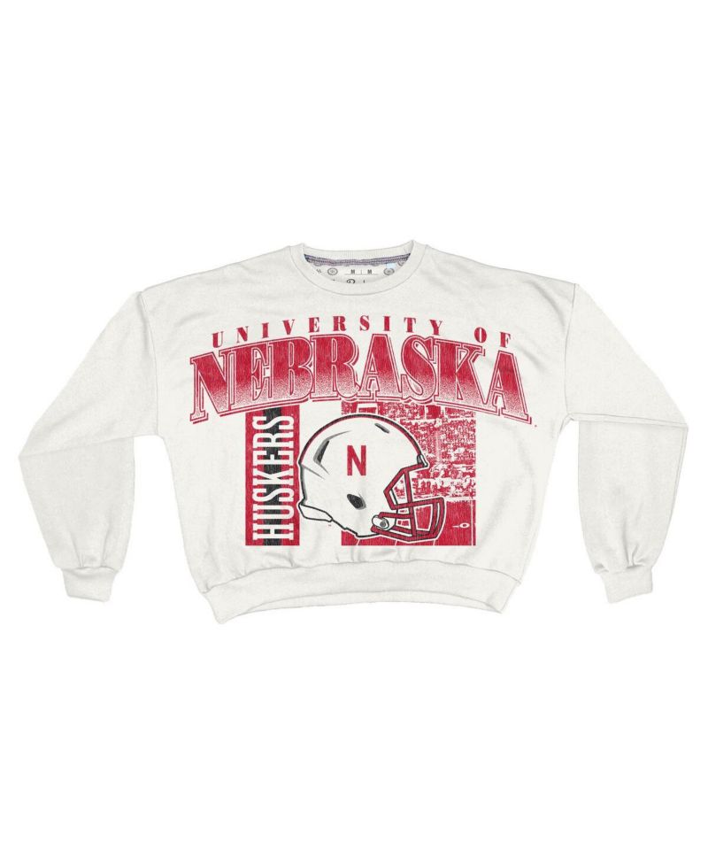 Women's White Nebraska Huskers Oversized Janice Retro Waist-Length Sweatshirt