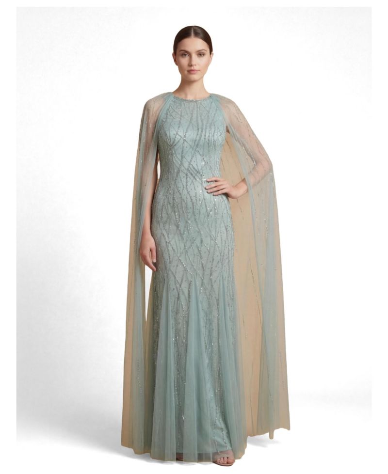 Women's Elegant Beaded Dress with Long Cape