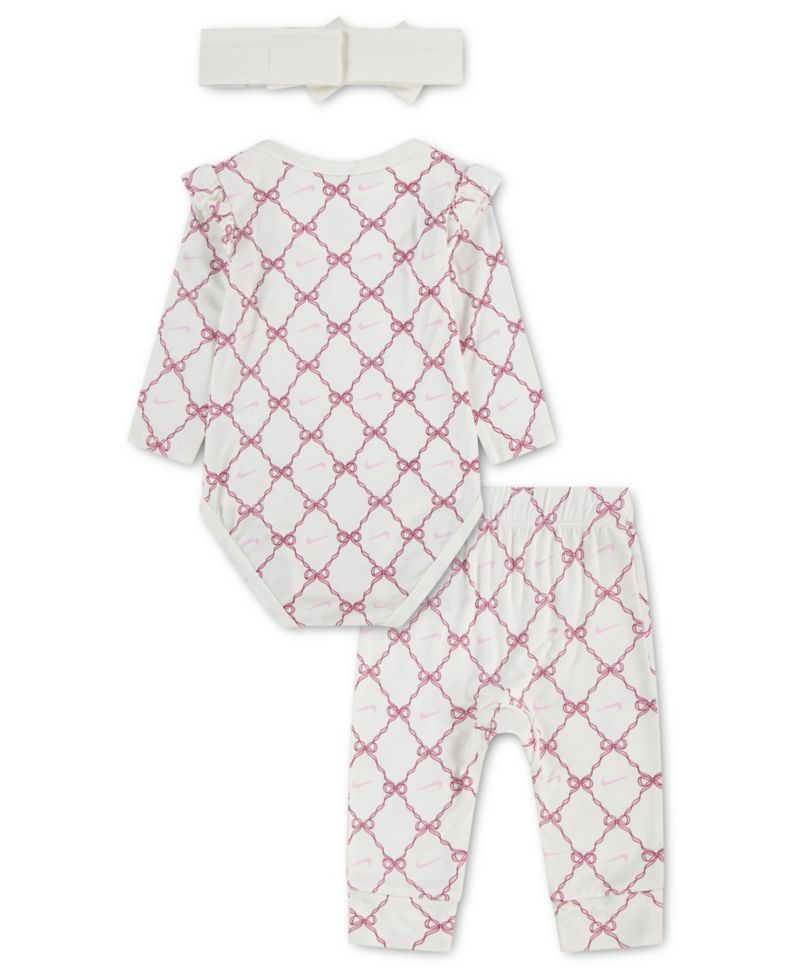 Baby Girls' Long-Sleeve Bow-Print Bodysuit, Pants and Headband, 3-Piece Set