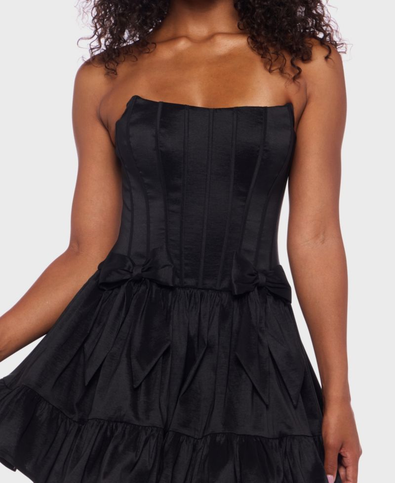 Juniors' Corseted Sleeveless Taffeta Fit & Flare Bow Detail Mini Dress